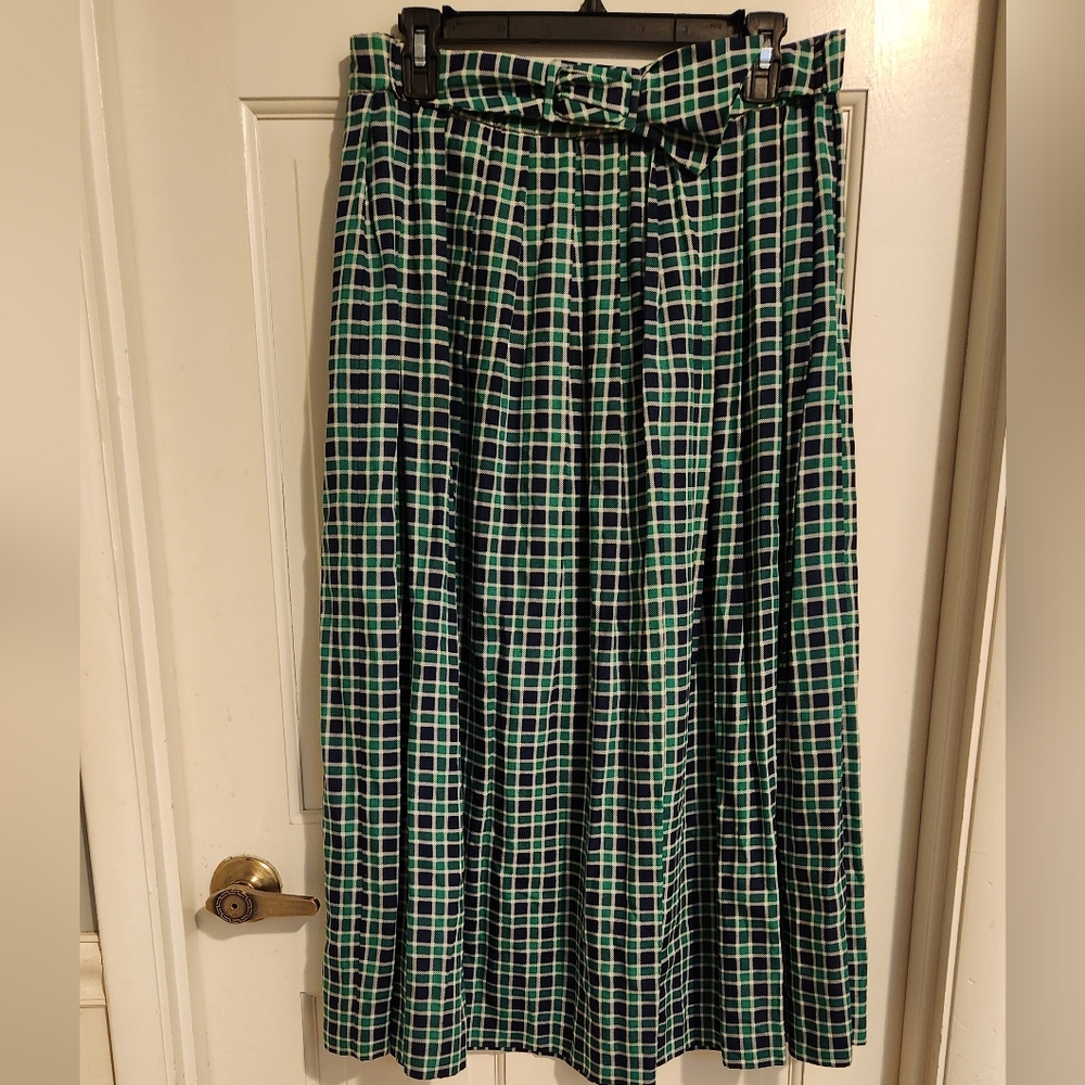 Vintage Susan Bristol Green Midi A-Line Skirt with Belted Front,size 8